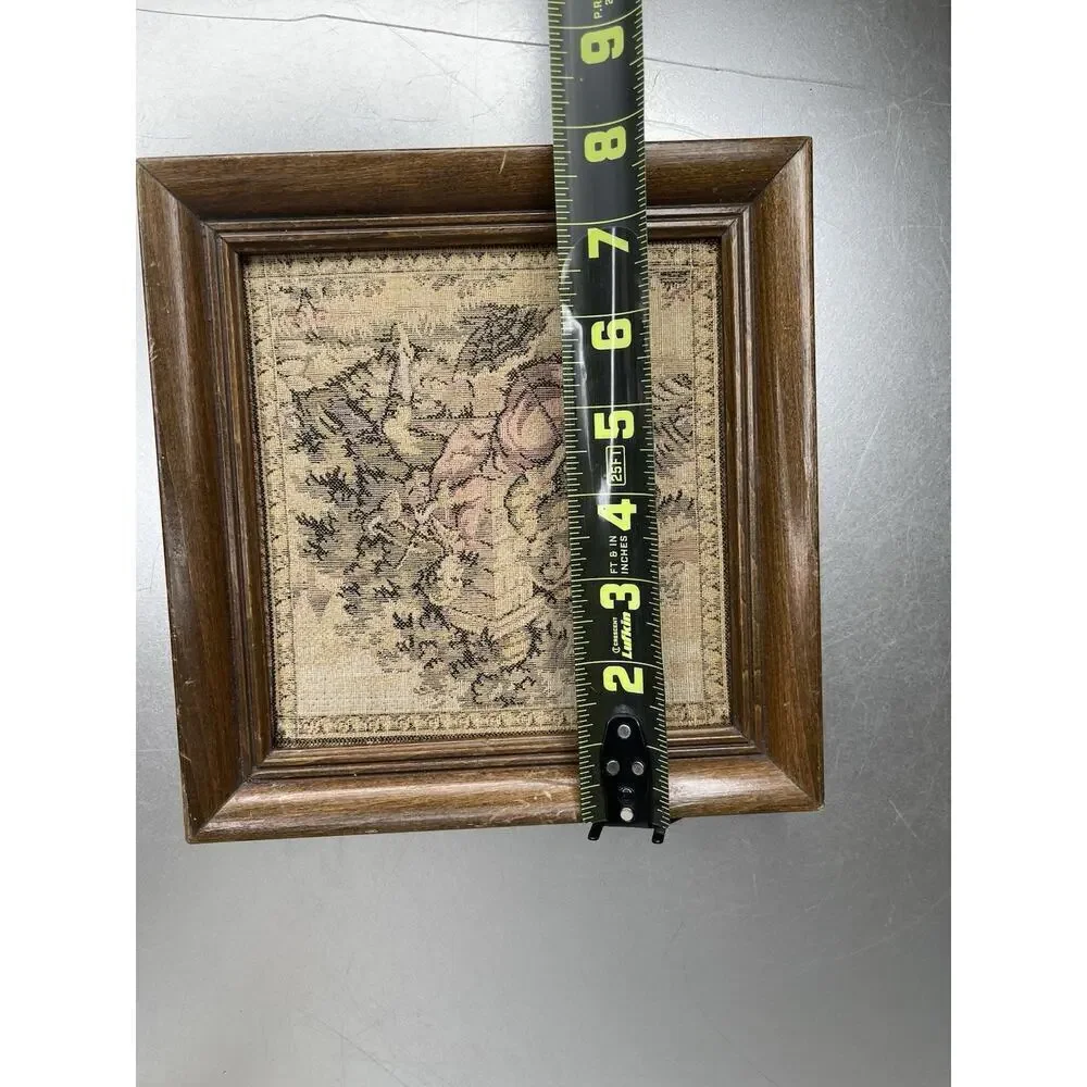 Antique Framed French Tapestry Boy Girl Violin Umbrella Victorian 8 X 8in